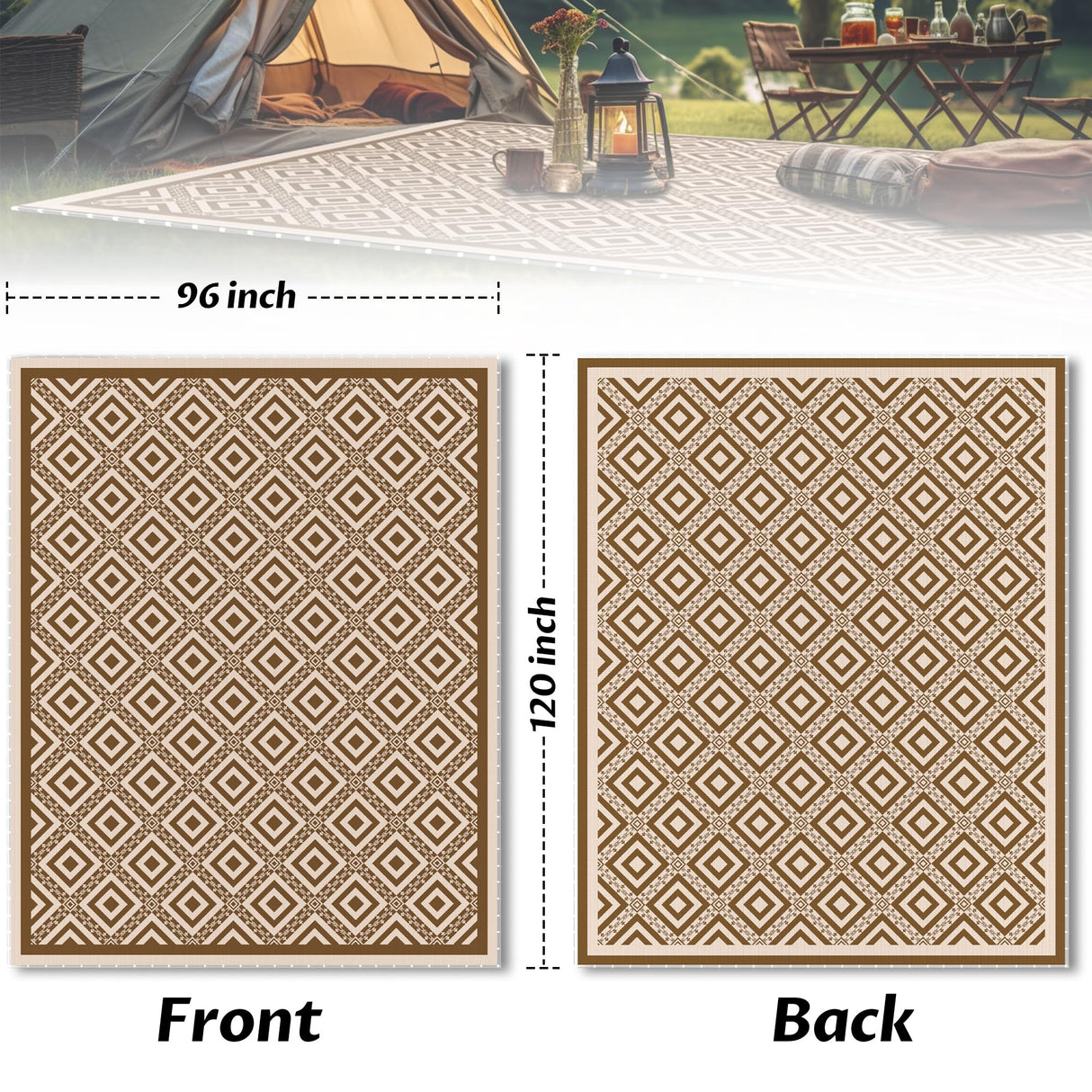 RV Outdoor Rug with Lights 8x10ft, Outdoor Camping Rug, Waterproof, Easy Cleaning, Non Shedding, Foldable and Portable, Reversible Mats for RV, Deck, Beach, Camping, Patio, Picnic (Brown & White) Pafolo