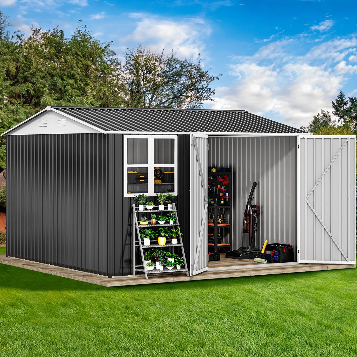 DWVO 10' x 10' Outdoor Storage Shed, Waterproof Metal Garden Shed with Windows, Lockable Doors, and Sloped Roof for Patio, Backyard, Lawn, Tool Storage, Bike Shed, Pet Shelter (Gray + White) DWVO
