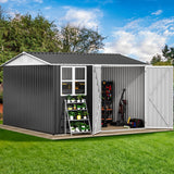 DWVO 10' x 10' Outdoor Storage Shed, Waterproof Metal Garden Shed with Windows, Lockable Doors, and Sloped Roof for Patio, Backyard, Lawn, Tool Storage, Bike Shed, Pet Shelter (Gray + White) DWVO