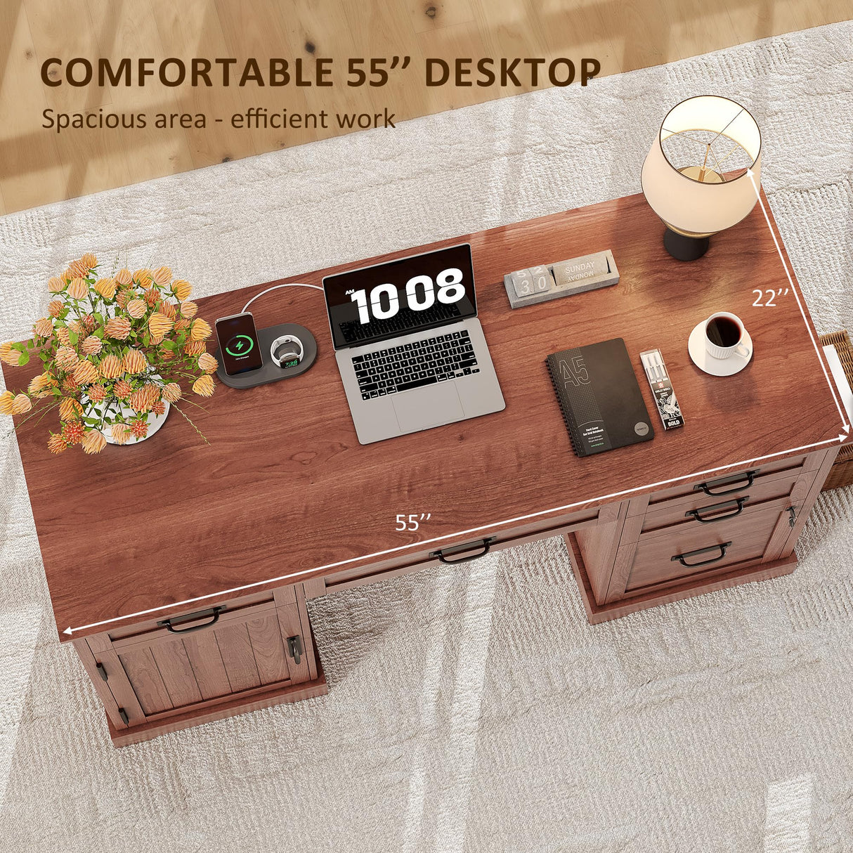 Whalefall Executive Desk with Drawers, 55'' Farmhouse Desk Wooden, Home Office Computer Desk with File Cabinet and Charging Station, Cherry Brown Whalefall