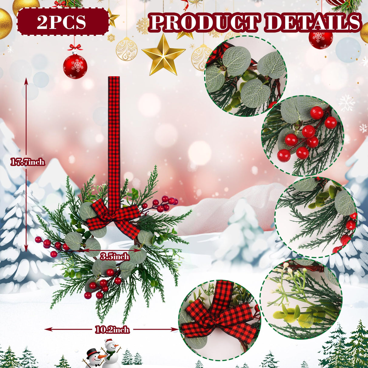 2Pcs Christmas Wreath, 10 Inch Mini Wreaths for Kitchen Cabinets, Christmas Door Wreath, Small Christmas Wreath for Fireplace Window Farmhouse Indoor Home Decorations JUSTOTRY