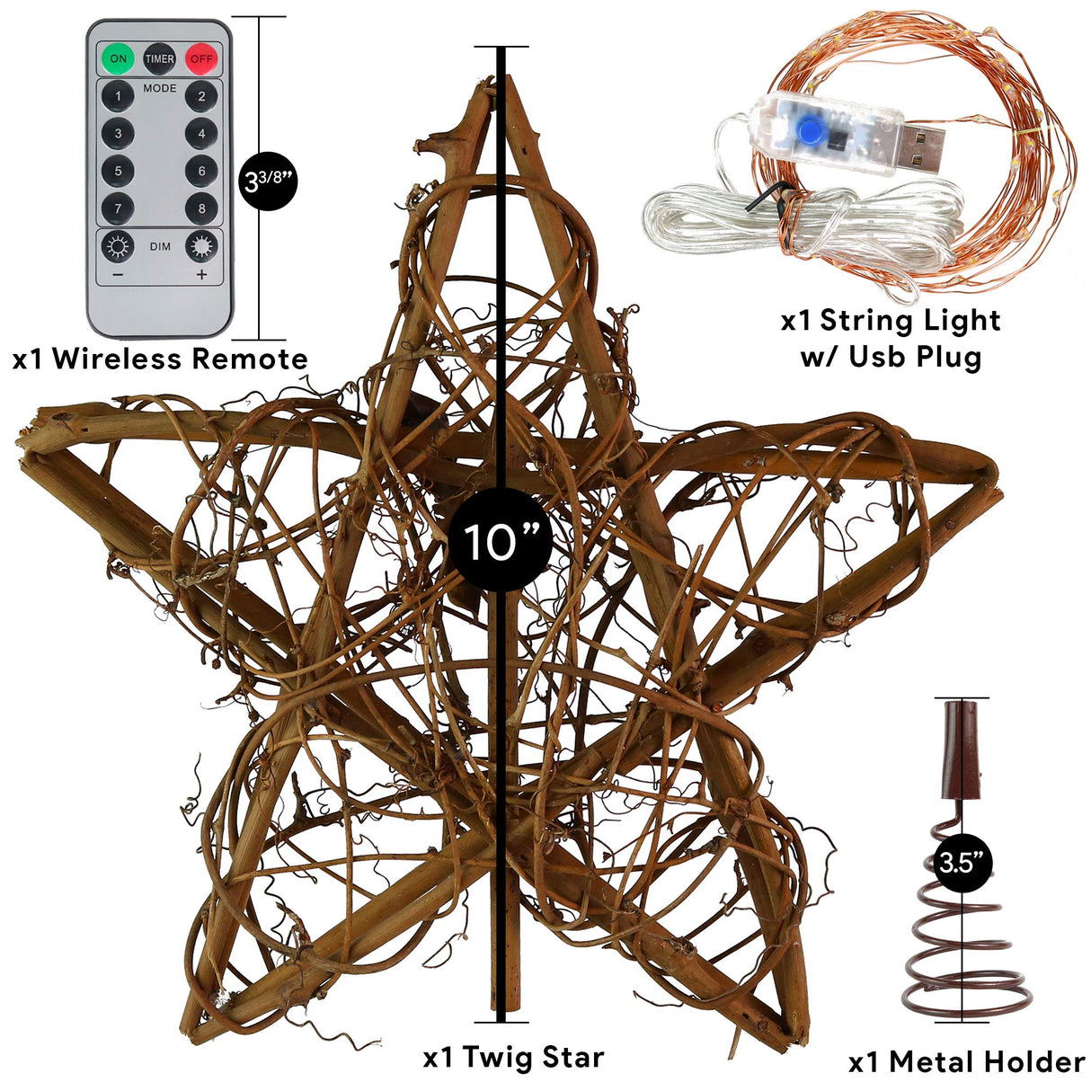 Ornativity Rattan Star Tree Topper - Christmas Rustic LED Light Up Tree Topper with Xmas Lights Holiday Decoration 12" Ornativity