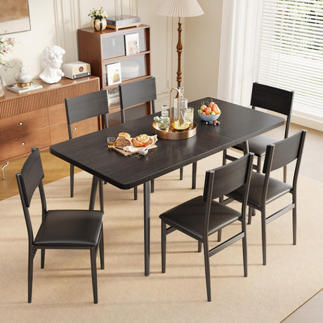 Ahomly 7-Piece Extendable Dining Table Set with 6 Padded Chairs, 63" Dining Table Set for 4-6, Kitchen Table Set with MDF Board & Metal Frame, for Small Space, Kitchen, Apartment, Black Ahomly