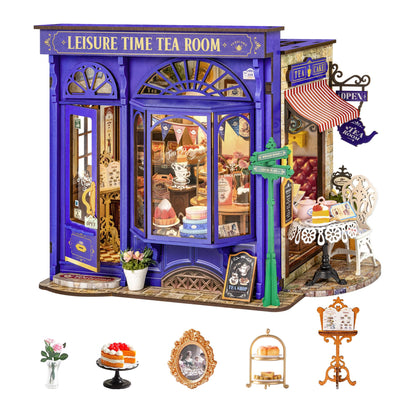 Rolife DIY Miniature House Kit Leisure Tea Time, 3D Book Nook Openable Bookshelf Decor for Adults, Mini Model House Kits, DIY Crafts Kit Halloween for Adults (Leisure Tea Time)