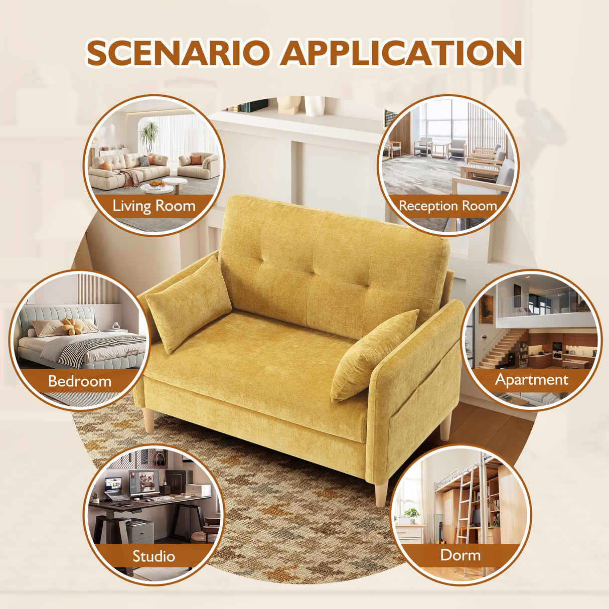 Urhanherry 47" Small Sofa Couch for Bedroom, Soft Chenille loveseat Mini Couch with Throw Pillow and Removable Cushion Cover for Small Spaces, Living Room, Apartment, Dorm, Office(Yellow) Urhanherry