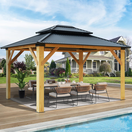 COVERONICS 11FT x 13FT Outdoor Cedar Wooden Gazebo - Patio Wood Frame Gazebo with Galvanized Steel Hardtop, Heavy-Duty Hardtop Gazebo for Garden, Poolside, Deck, Backyard COVERONICS