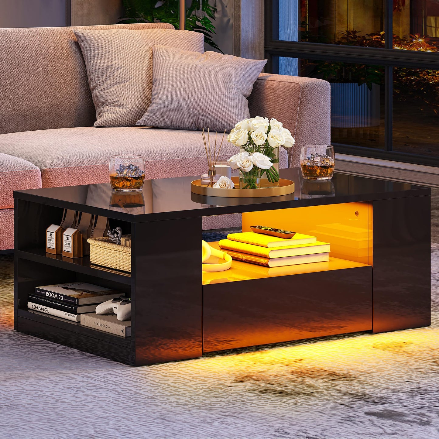 YITAHOME Modern Coffee Tables for Living Room, High Glossy LED Coffee Table, Storage Coffee Table, Small Coffee Table, Wood Center Table with 2 Sliding Drawers and Open Side Shelf, Black