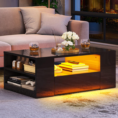 YITAHOME Modern Coffee Tables for Living Room, High Glossy LED Coffee Table, Storage Coffee Table, Small Coffee Table, Wood Center Table with 2 Sliding Drawers and Open Side Shelf, Black