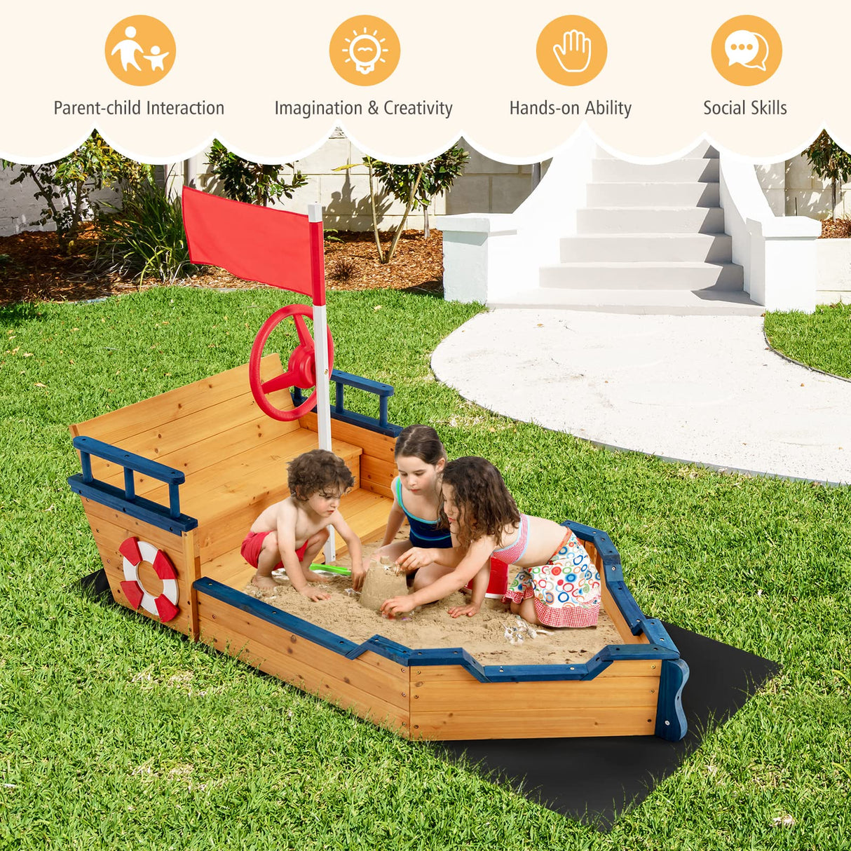Costzon Pirate Boat Wood Sandbox for Kids, Wooden Pirate Sandpit w/Bench Seat, Storage Space, Ground Liner, Realistic Flag Rudder Buoy, Children Outdoor Playset for Backyard, Home, Lawn, Garden Costzon