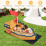 Costzon Pirate Boat Wood Sandbox for Kids, Wooden Pirate Sandpit w/Bench Seat, Storage Space, Ground Liner, Realistic Flag Rudder Buoy, Children Outdoor Playset for Backyard, Home, Lawn, Garden Costzon