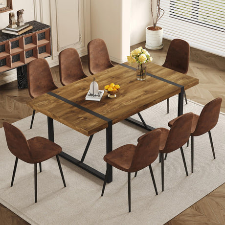 Ganooly Rustic 9 Piece Dining Room Table Set for 8 People, Mid Century Modern 71 Inch Rectangle Wood Kitchen Dining Table with 8 Fabric Chairs Set, Suitable for Kitchen Dining Room Apartment Ganooly