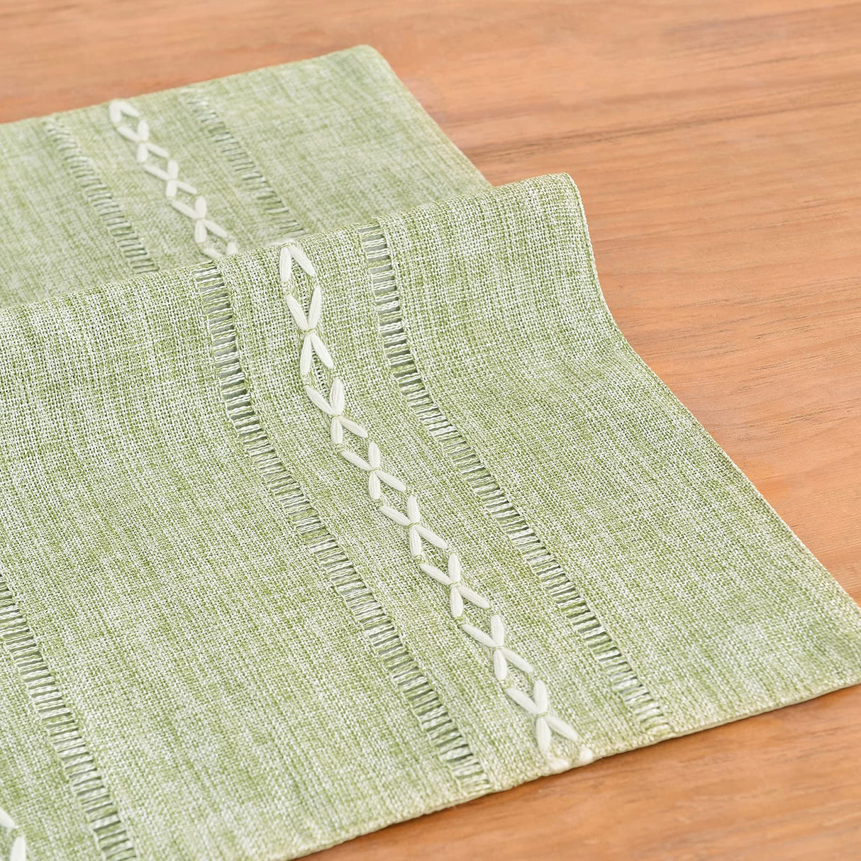 Wracra Cotton Linen Placemats, 12 x 18 Inch Set of 4 Fete Placemats Rustic Hemstitch Place Mats for Kitchen Table and Heat Resistant-Sage Green Wracra