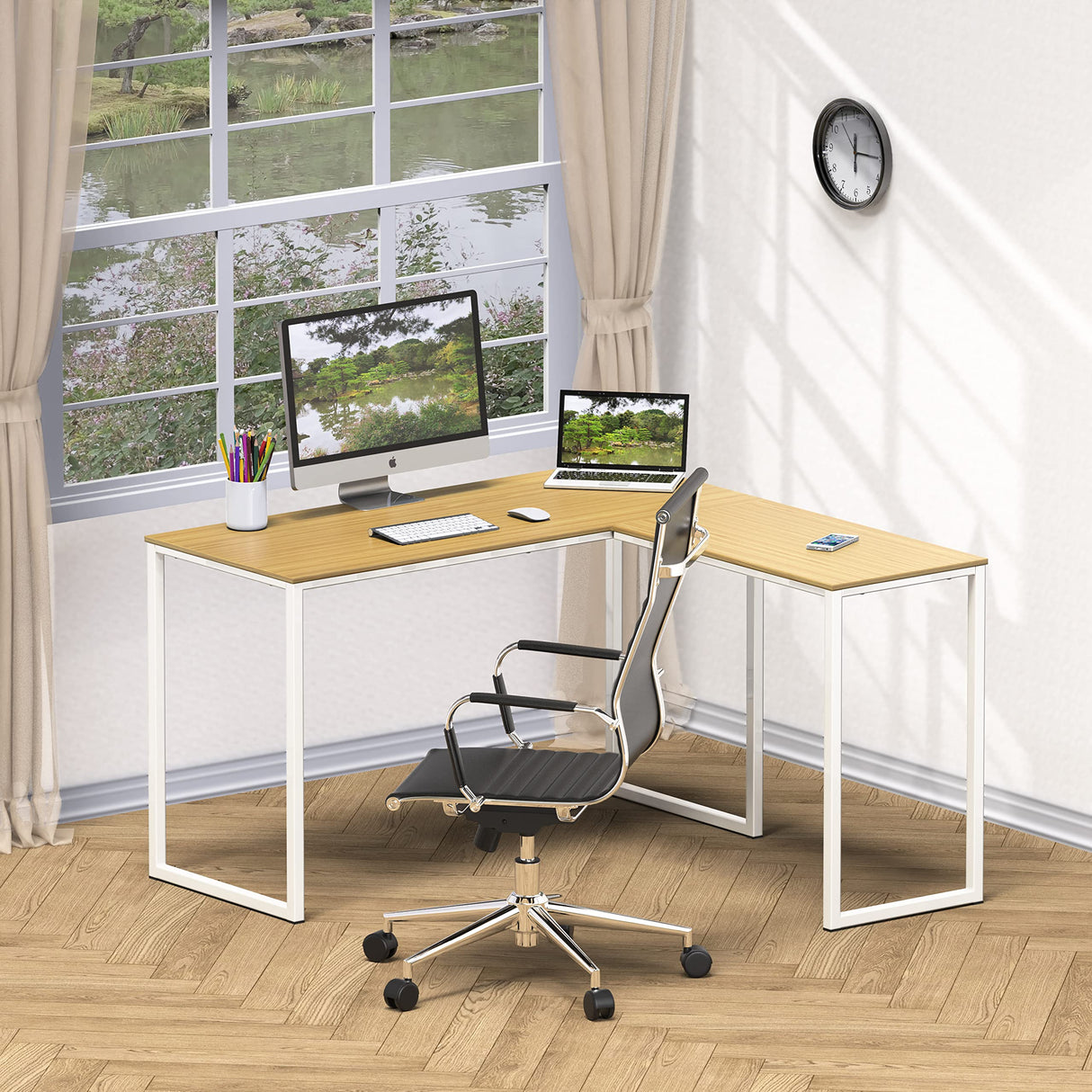 SHW 48-Inch Mission L-Shaped Home Computer Desk, Oak SHW