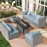 SUNCROWN Outdoor Patio Furniture Set 8 Piece Outdoor Sectional Sofa Grey Wicker Conversation Sofa Set with Coffee Table, Cushions and Fire Pit Table, Light Blue SUNCROWN
