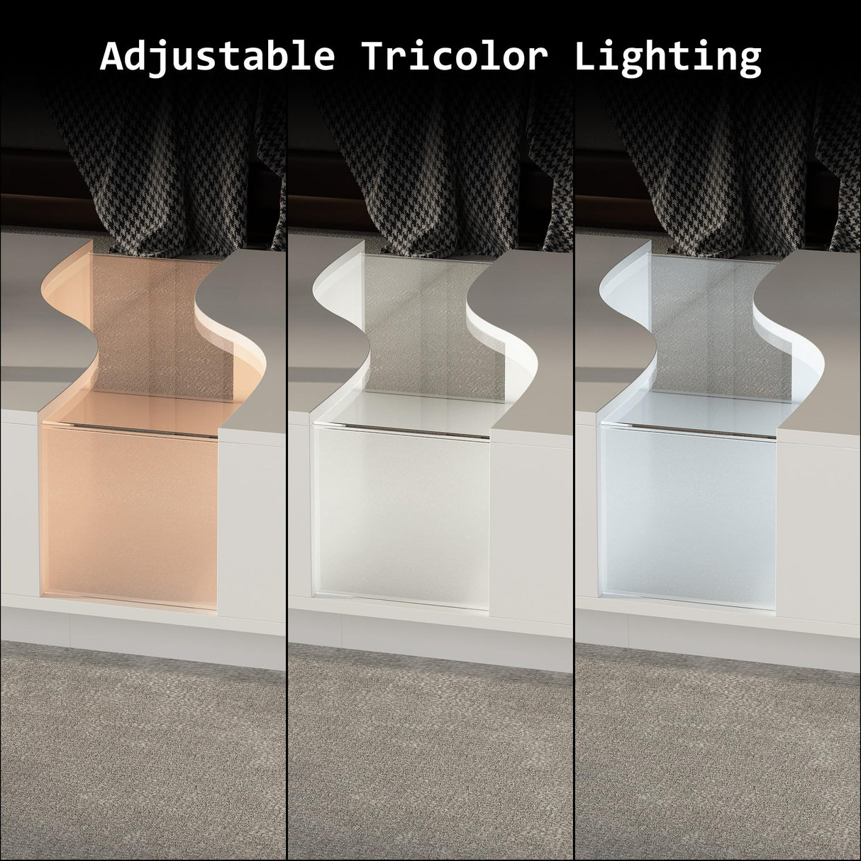 ECACAD Modern Coffee Table with 2 Drawers & Tempered Glass Top, Tea Table with LED Lights & Remote Control, Rectangular Center Table for Living Room & Reception Room, White 31.5”D x 55.1”W x 11.8”H ECACAD