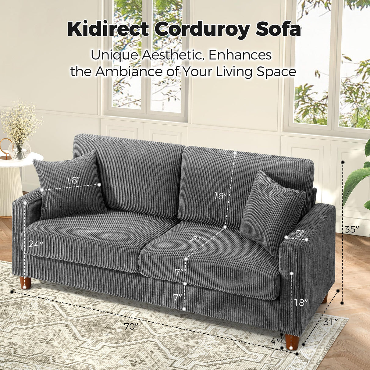 Kidirect 70in Corduroy Couch, Sofas for Living Room No Tool Assembly, Comfy Couches for Living Room 21in Deep Seats, Oversized Loveseat Sofa with 2 Pillows, 3 Seater Couch for Bedroom, Grey Sofa Kidirect