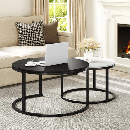 YITAHOME Round Coffee Table Set of 2 End Table for Living Room, Modern Nesting Side Tables Wood Coffee Tables with Sturdy Metal Frame, Black and White