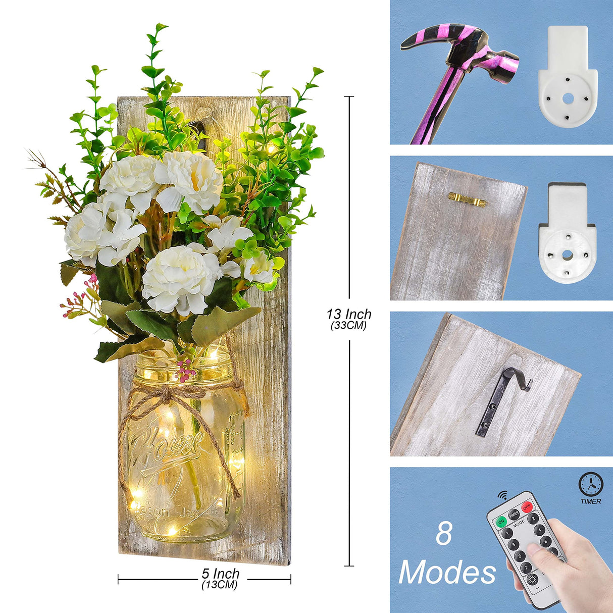 OCTMUSTARD Rustic Wall Decor Mason Jar Sconces Decor with Remote Control Led Lights for Home Farmhouse Bathroom and Living Room Decorative.Shabby Chic Art Design Decorations (Grey Board with Peony) OCTMUSTARD