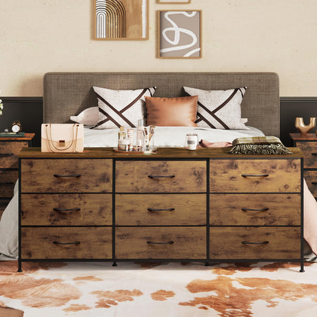 WLIVE 63''W Dresser for Bedroom, Dresser TV Stand for 65, 70, 75 inch TV, Wide Chest of Drawers with 9 Drawer, Large Entertainment Center, Fabric Dressers with Wood Top for Living Room, Rustic Brown WLIVE