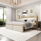 GarveeHome King Bed Frame with 2 Storage Drawers, LED Bed Frame with 2-Tier Storage Headboard&Charging Station, Metal Platform Bed Frame, No Box Spring Needed, Noise Free, White GarveeHome