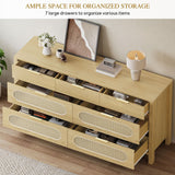 DWVO Natural Rattan 7 Drawer Dressers - Oak Wooden Dresser Chest of Drawers with Golden Handles - Modern Large Closet Boho Dressers Storage Cabinet for Living Room/Hallway/Entryway DWVO