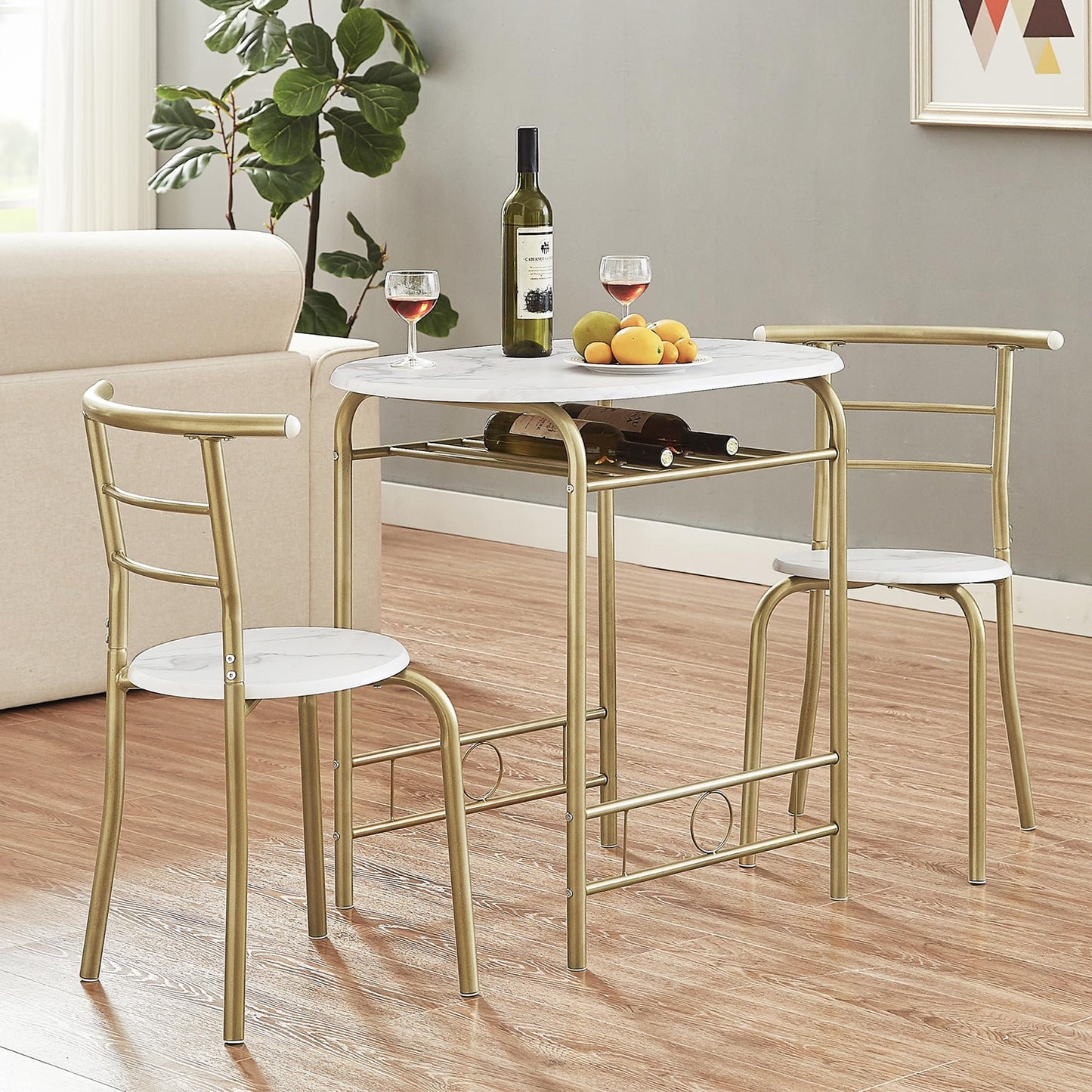 VECELO White & Gold 3-Piece Dining Table Set with Wine Rack for Small Spaces