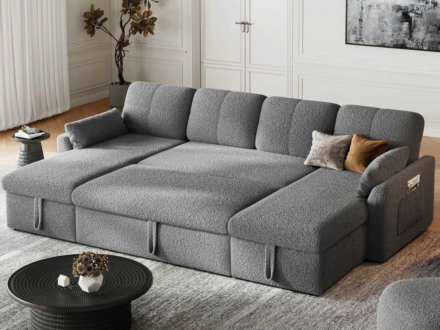 YITAHOME 105" Oversized Sleeper Sofa, 2 in 1 Convertible Sofa Bed with Pull Out Couch Bed and Dual Storage Chaise, U-Shape Sectional Sofa for Living Room, Teddy Fleece, Grey - WoodArtSupply