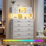 62.8" H Dresser for Bedroom with 14 Fabric Drawers,White Dresser with Charging Station and LED Lights,Dressers & Chests of Drawers for Bedroom, Steel Frame & Wooden Top, Entryway EnHomee