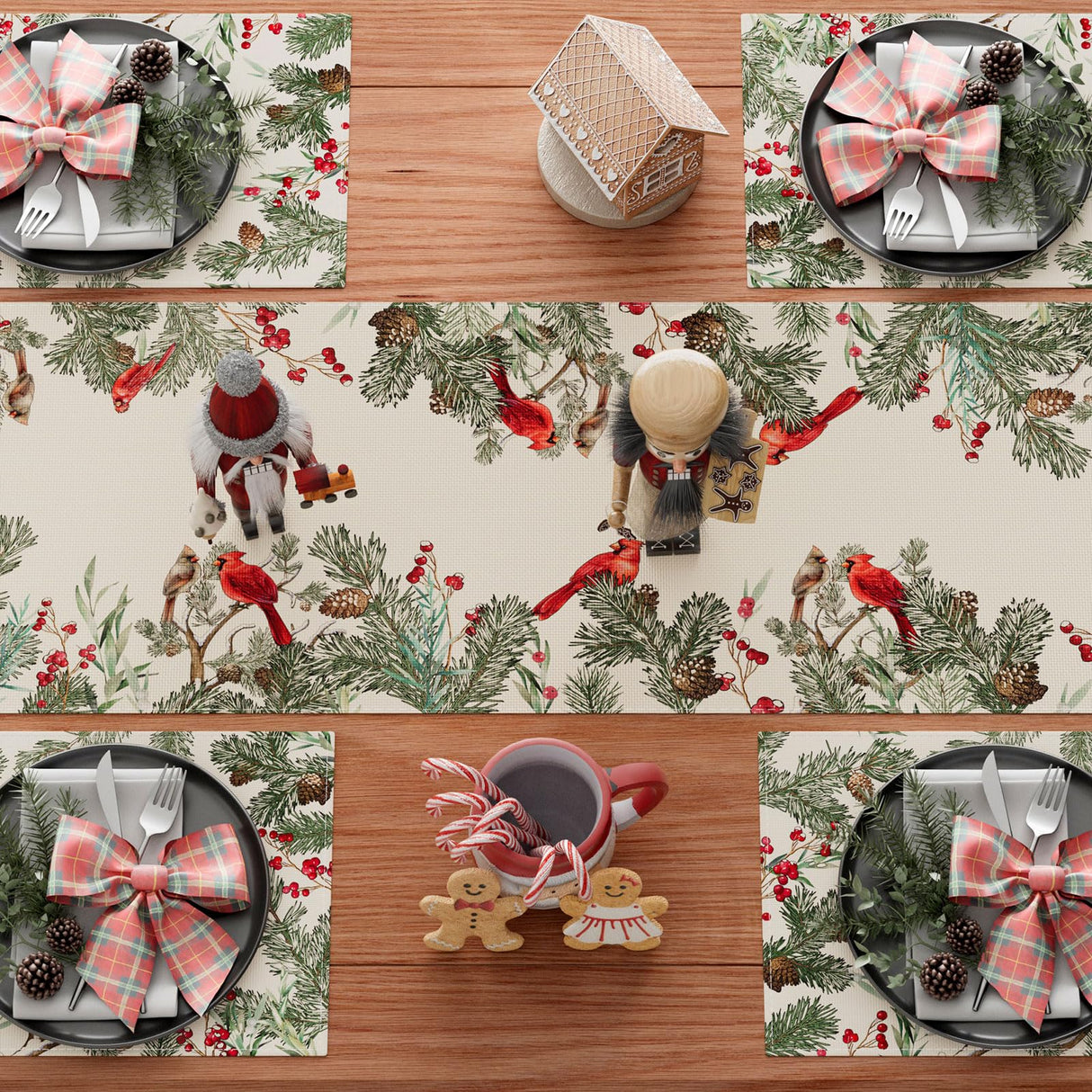 XCHI Cardinal Birds Winter Pine Tree Christmas Xmas Table Runner Table Decoration for Home Kitchen Dining Holiday Decor 13x72 Inch XCHI