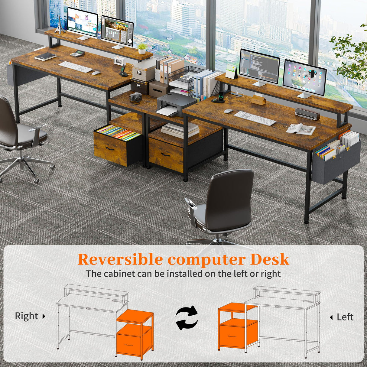 EnHomee 56.5" Computer Desk with File Drawers Cabinet,Home Office Desk with Shelves Monitor Stand,Study Writing Gaming Desk with Power Outlets,Work Table with Printer Space,Rustic Brown EnHomee