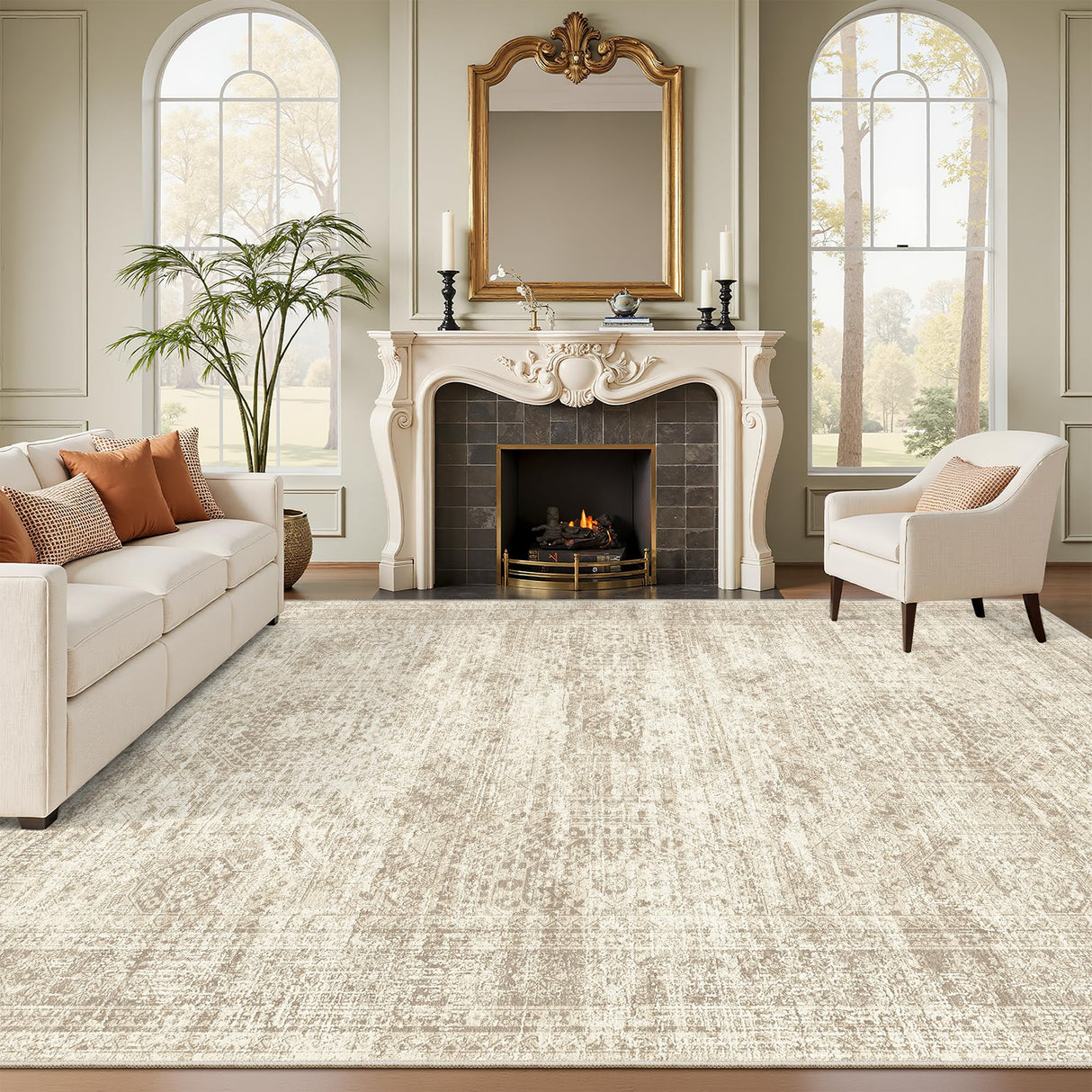 Soalmost Washable Area Rug 8x10, Large Soft Rugs for Living Room Vintage Beige Carpet 8x10 Area Rugs for Bedroom Dining Room Non-Slip Stain Resistant Under Table Rug Soalmost