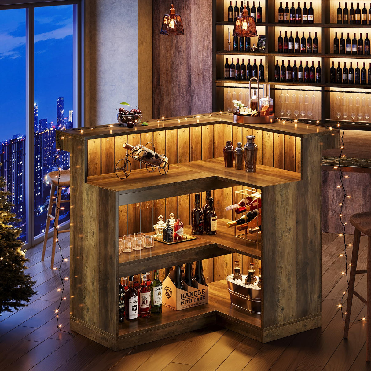 Tribesigns Bar Table, L Shaped Home Bar Unit for Home, 4-Tier Corner Liquor with Storage Shelves and Wine Glasses Holder, Industrial Wine Cabinet Reception Desk for Basement (1, Brown) Tribesigns