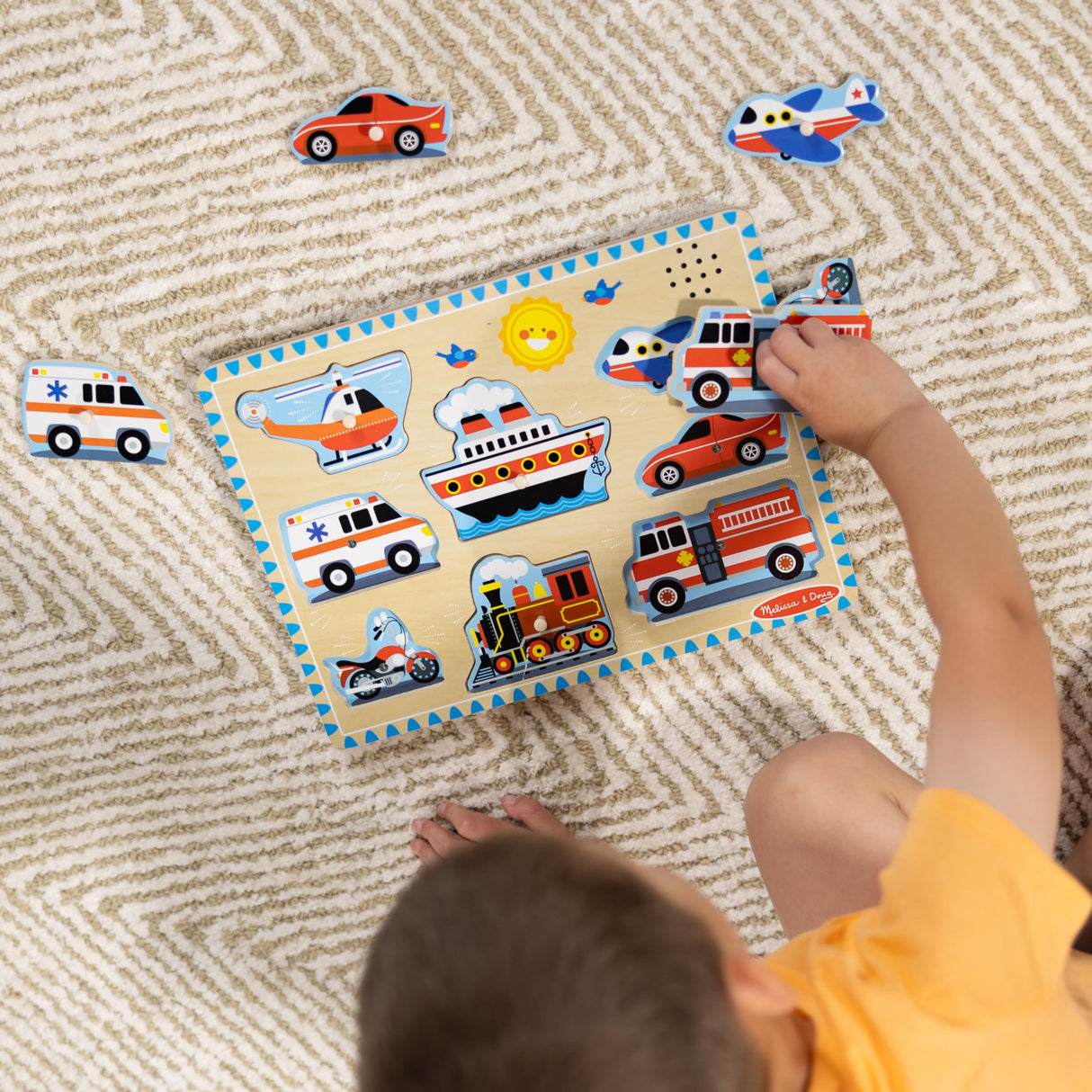 Melissa & Doug Vehicles Sound Puzzle - Wooden Peg Puzzle With Light-Activated Sound Effects (8 pcs) Puzzles for Toddlers, Wooden Puzzles For Kids Ages 2+ Melissa & Doug