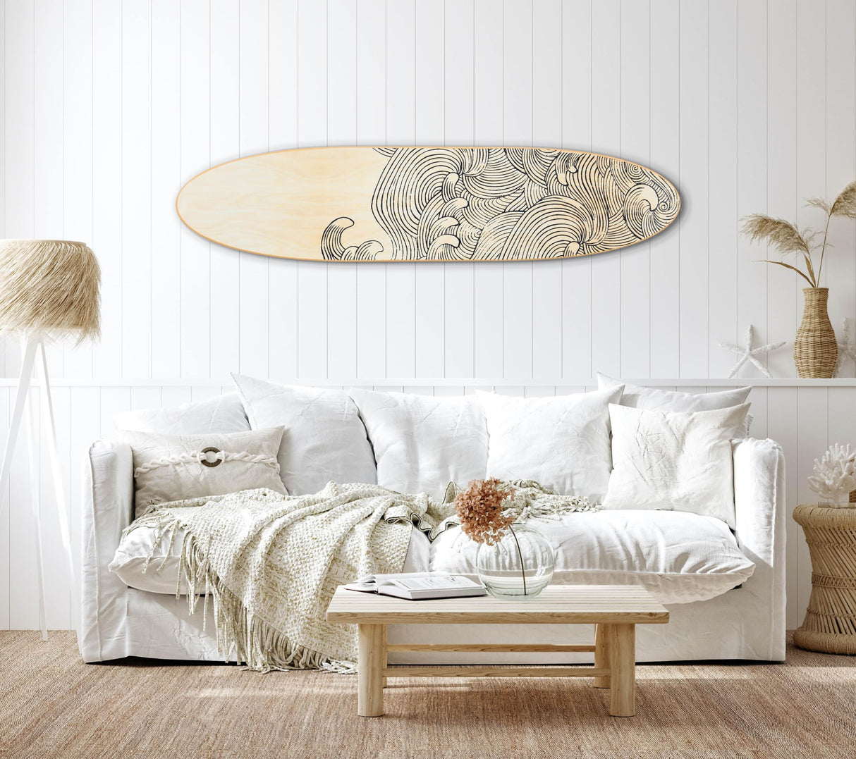 Creative Co-Op Coastal Decorative Surfboard Wall Décor for Living Room; Contemporary Wave Design Overlaid On Light Natural Wood, 65.5" Creative Co-Op