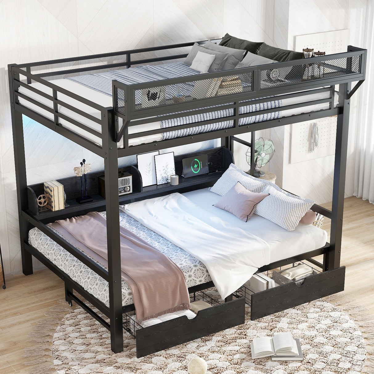 Queen Over Queen Metal Bunk Bed with Storage Drawers and Shelves, Heavy Duty Bunk Beds with LED Lights and Charging Station for Kids,Adults,Convertible into a Sofa Bed,Black Bellemave