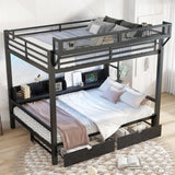 Queen Over Queen Metal Bunk Bed with Storage Drawers and Shelves, Heavy Duty Bunk Beds with LED Lights and Charging Station for Kids,Adults,Convertible into a Sofa Bed,Black Bellemave