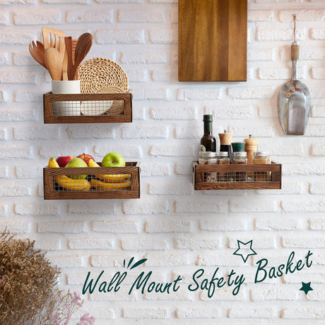 NAGAWOOD Wooden Nesting Countertop Baskets Set of 3 for Kitchen, Bathroom, Pantry,Wooden storage organizer For Fruit, Vegetables,Wooden Crate with handles,Decorative Walnut Wood and Metal Wire NAGAWOOD