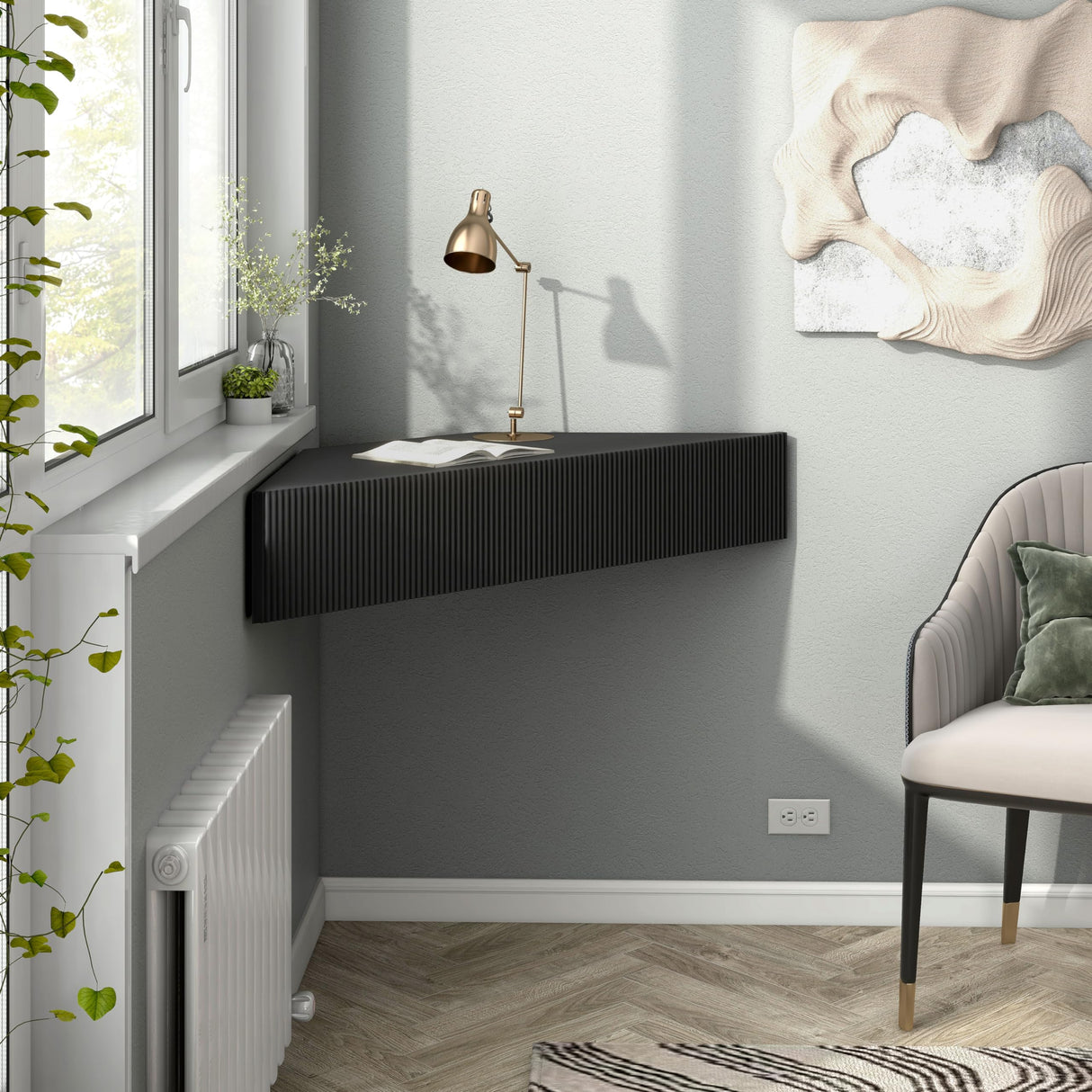 24/7 Shop at Home French 47 inch Modern Floating TV Console Table with 3D Wavy Panel Door, Wood Entertainment Center with Storage Space, Wall Corner Shelf for Living Room, Bedroom, Office, Black Pure 24/7 Shop at Home