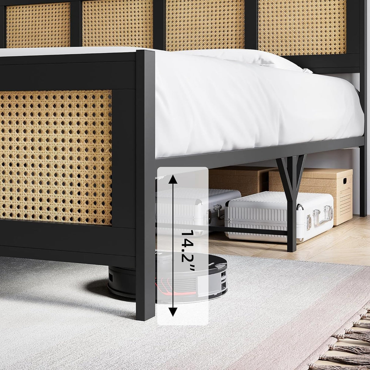 IDEALHOUSE Full Size Bed Frame with Headboard, Bohemian Rattan Platform Bed Frame with Strong Metal Slats Support, No Box Spring Needed, Noise-Free Design, Black IDEALHOUSE