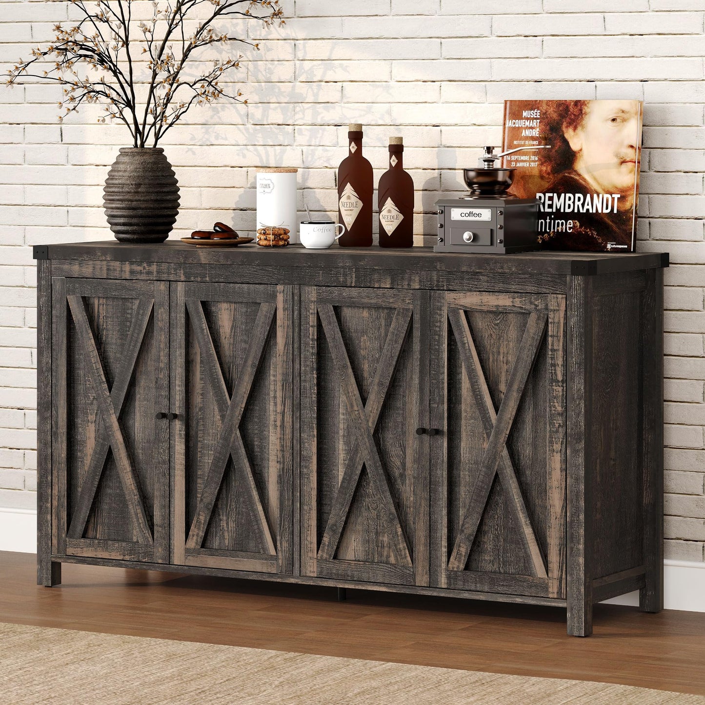 DWVO 55'' Sideboard Buffet Cabinet with Storage, Farmhouse Kitchen Storage Cabinet with 4 Doors, Large Wood Coffee Bar Cabinet with Adjustable Shelfs for Kitchen, Living Room, Dark Oak