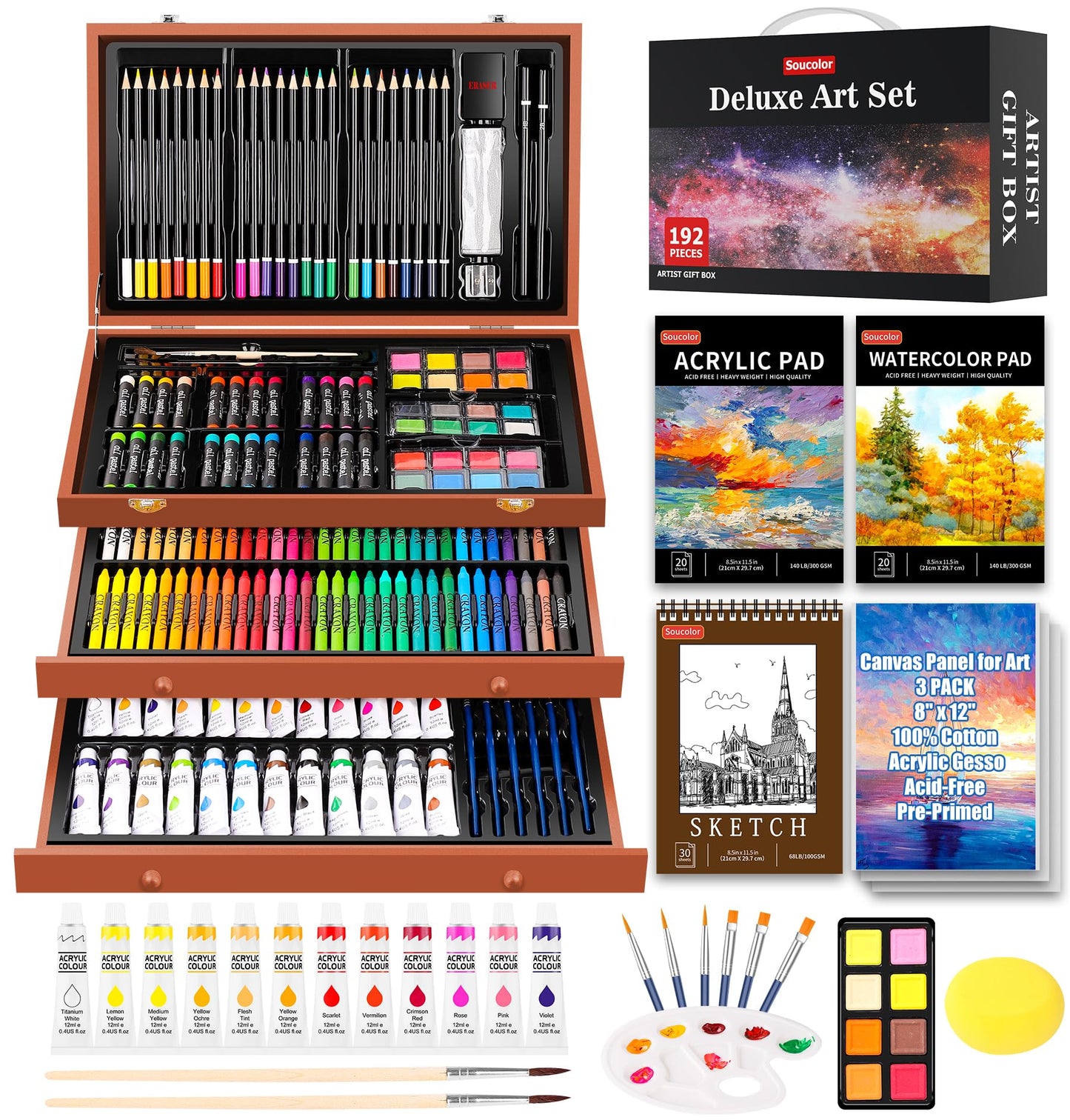 Soucolor Art Supplies, 192-Pack Deluxe Art Set Drawing Painting Supplies Art Kit with Acrylic Pad, Watercolor Pad, Sketch Book, Canvases, Acrylic Paint, Crayons, Pencils, Gifts for Artists Adults Kids