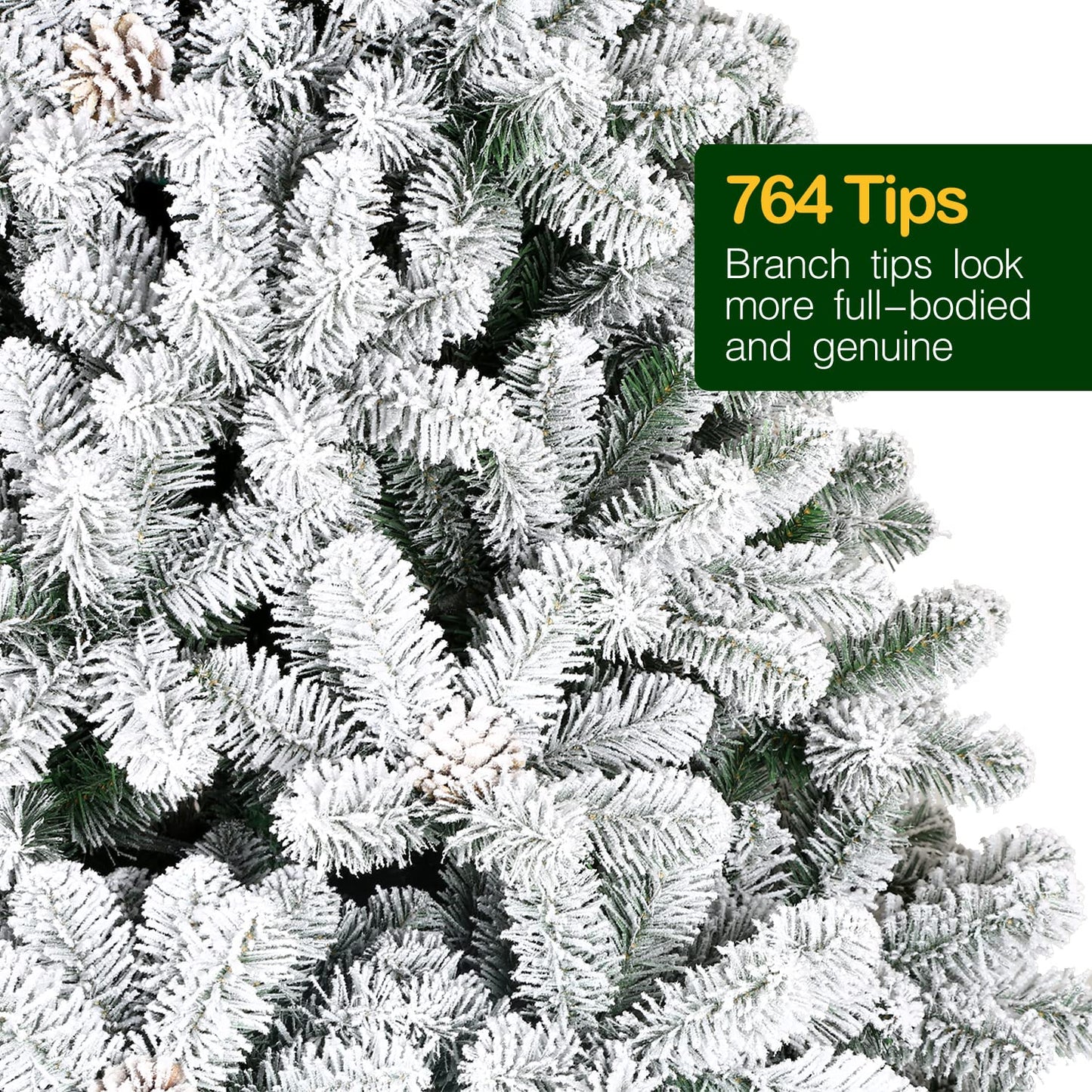 Hykolity 6.5 ft Snow Flocked Artificial Christmas Tree with Pine Cones, 764 Tips, Metal Stand and Hinged Branches