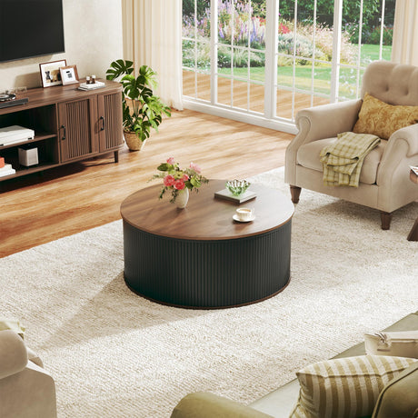 HUAHUU Round Coffee Table with Storage, 31.5" Lift Top Coffee Table, Mid Century Modern Coffee Tables for Living Room, Apartment Office, Fluted Table with Rustic Wood Desktop HUAHUU