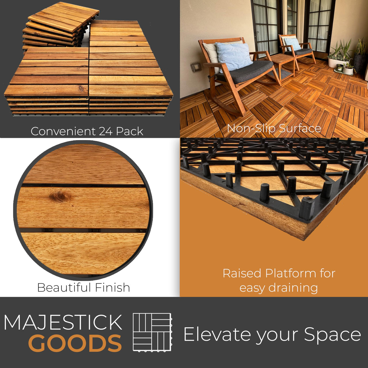 24 Sq Ft Interlocking Deck Tiles Snap Together Wood Flooring - 12 x 12 Acacia Hardwood Outdoor Flooring for Patio - Click Floor Decking Tile, Water Resistant Balcony Flooring, Wooden Parquet Flooring Majestick Goods