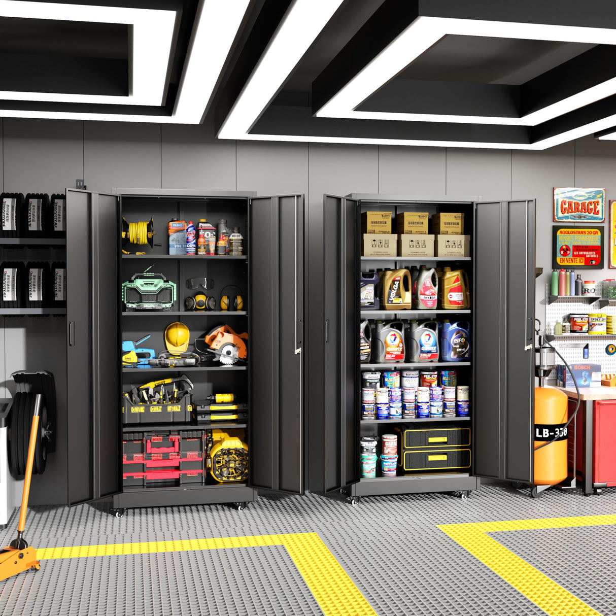 Greenvelly Metal Storage Cabinet with Wheels, 73” Black Metal Rolling Garage Cabinet with 2 Door and Adjustable Shelves,Locking Storage Cabinets for Garage Home Office Utility Room Greenvelly