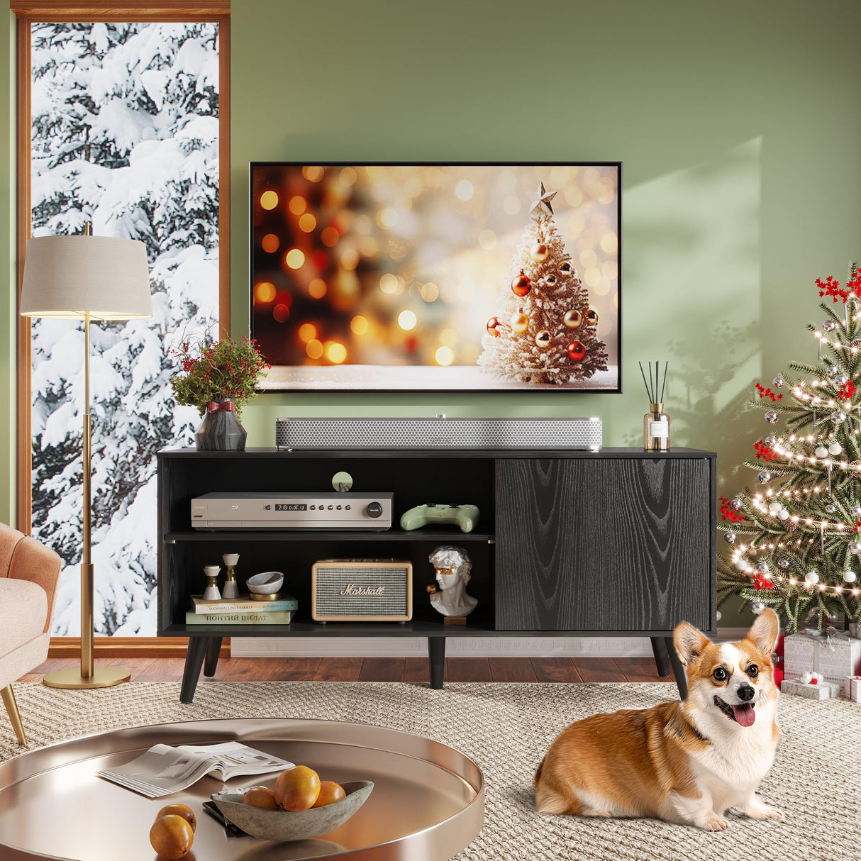 WLIVE TV Stand for 55 Inch TVs, Entertainment Center with Storage Cabinet, Mid-Century TV Stands for Living Room and Bedroom, 50" TV Console, Black WLIVE