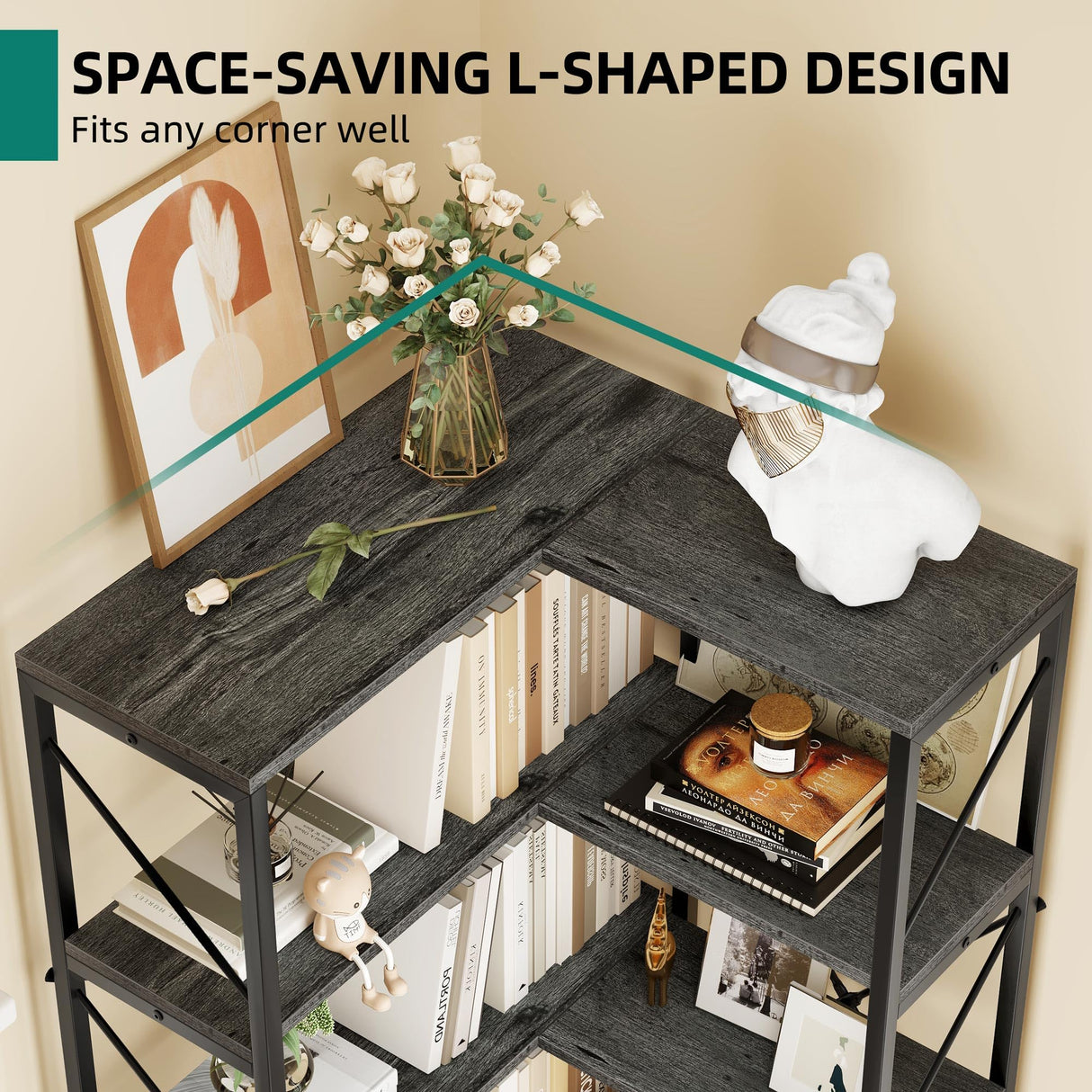 YITAHOME 5-Tier Industrial Corner Bookshelf in Charcoal Gray and Black YITAHOME