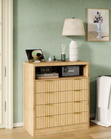 FUSOU Fluted Night Stand for Bedroom, Storage Organizer with 4 Drawers, Chest of Drawers with LED Light & Charging Station, Modern Farmhouse Dresser for Bedroom, Living Room, Hallway, Natural Oak FUSOU