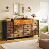 EnHomee 55" W Dresser for Bedroom with LED Lights & Charging Station 12 Drawer Dressers & Chests of Drawers Dresser TV Stand for Bedroom for Hanging 65" TV, Metal Frame & Fabric Drawers, Rustic Brown EnHomee