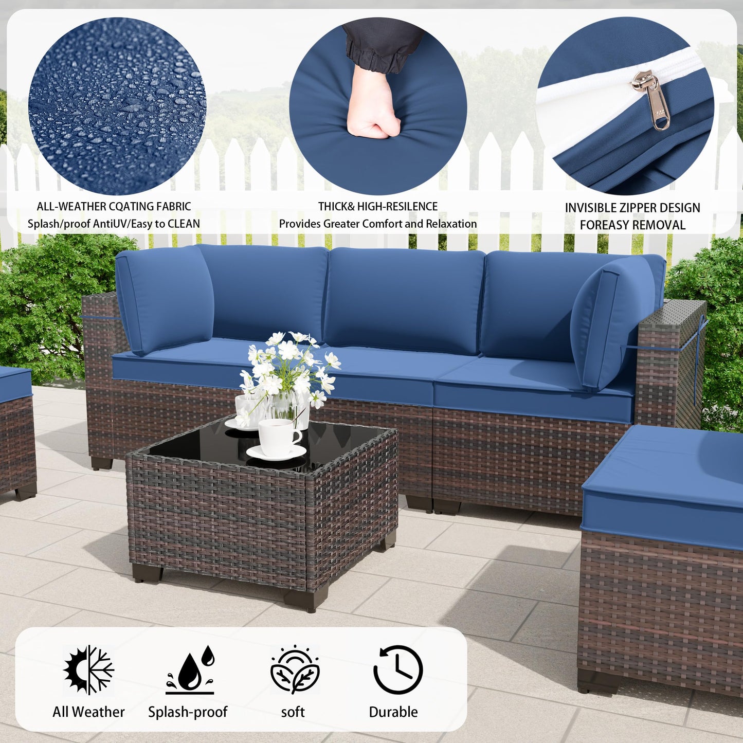 RTDTD Outdoor Patio Furniture Set, 9 Pieces Outdoor Furniture All Weather Patio Sectional Sofa PE Wicker Modular Conversation Sets with Coffee Table,8 Chairs & Seat Clips(Dark Blue) - WoodArtSupply